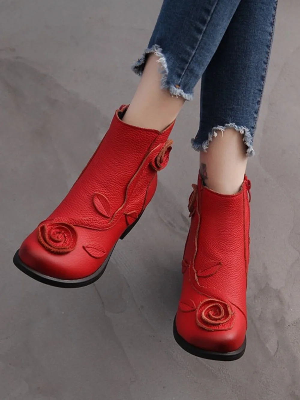 NWOT Red Genuine Leather Ankle Boots Floral Appliqué, Round Toe, Block Heel 8.5